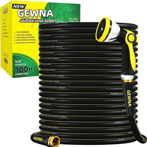 Gewna 5/8''x 100 ft Heavy-Duty Garden Hose Burst Proof Rubber 3 Layer Water Hose with 10 Pattern Spray Nozzle