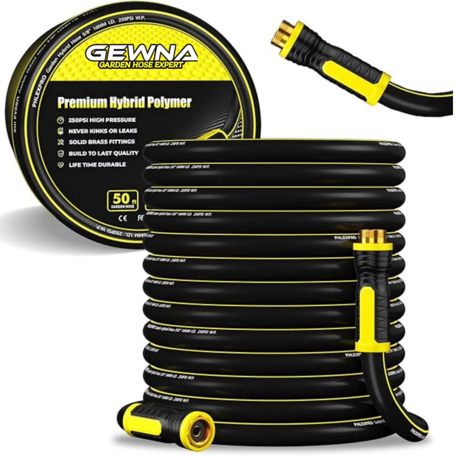 Gewna 5/8''x 50 ft Heavy-Duty Garden Hose Burst Proof Rubber 3 Layer Water Hose 250 Psi