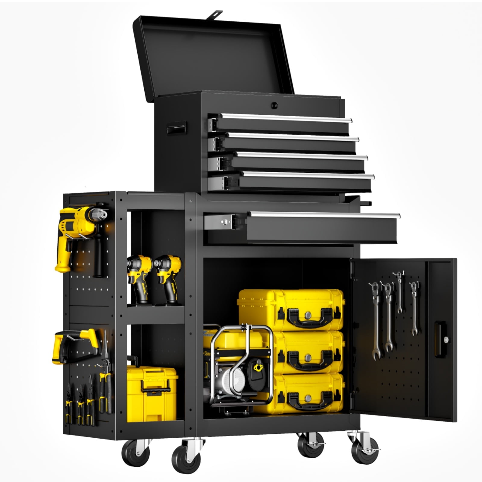 Gewna 5 Drawers Rolling Garage Tool Chest with Locking System,Metal  Storage Cart  with Side Cabinet,Protective Liner & Tool Rack for Garage Workshop