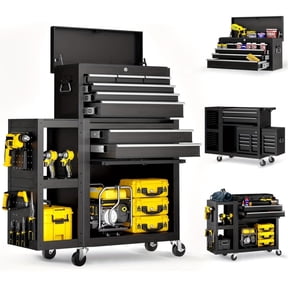 Gewna 8 Drawers Rolling Tool Chest with Locking System,Metal Storage Cart with Side Cabinet,Removable Toolbox Organizer for Workshop,Garage