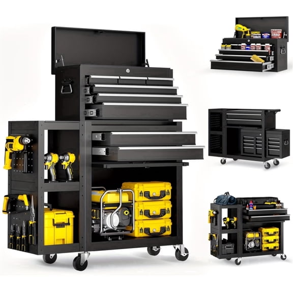 Gewna 8 Drawers Rolling Tool Chest with Locking System,Metal Storage Cart with Side Cabinet,Removable Toolbox Organizer for Workshop,Garage