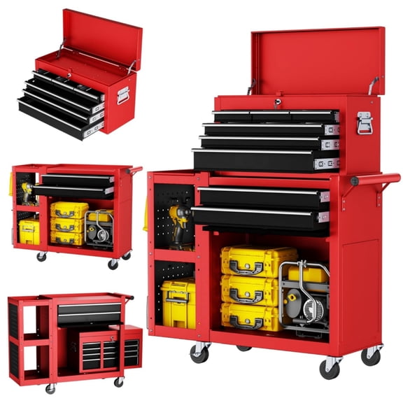 Gewna 8 Drawers Rolling Tool Chest with Locking System,Metal Storage Cart with Side Cabinet, Removable Toolbox Organizer for Workshop, Garage,Red
