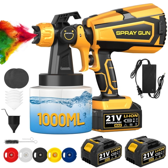 Gewna HVLP Electric Airless Paint Sprayer 1000ml with 2 Batteries for House Painting, Furniture, Cabinets,Fences, Walls & Car Repair Diy(Yellow）