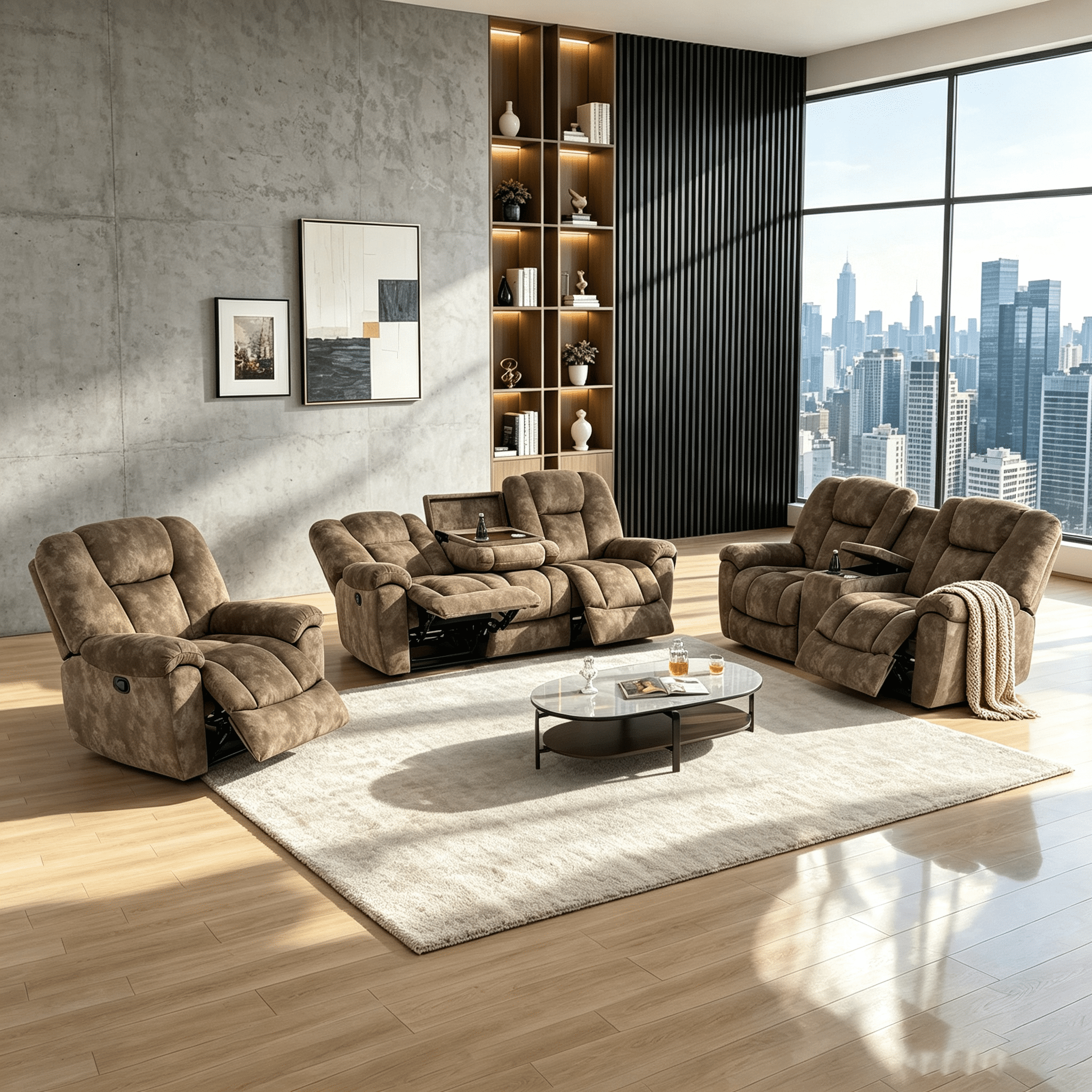 Gewnee 1+2+3‑Piece Manual Recliner Sofa Set, Velvet Upholstered Couch with Flip‑Down Cup Holders & Hidden Storage, Multifunctional Living Room Furniture, Brown
