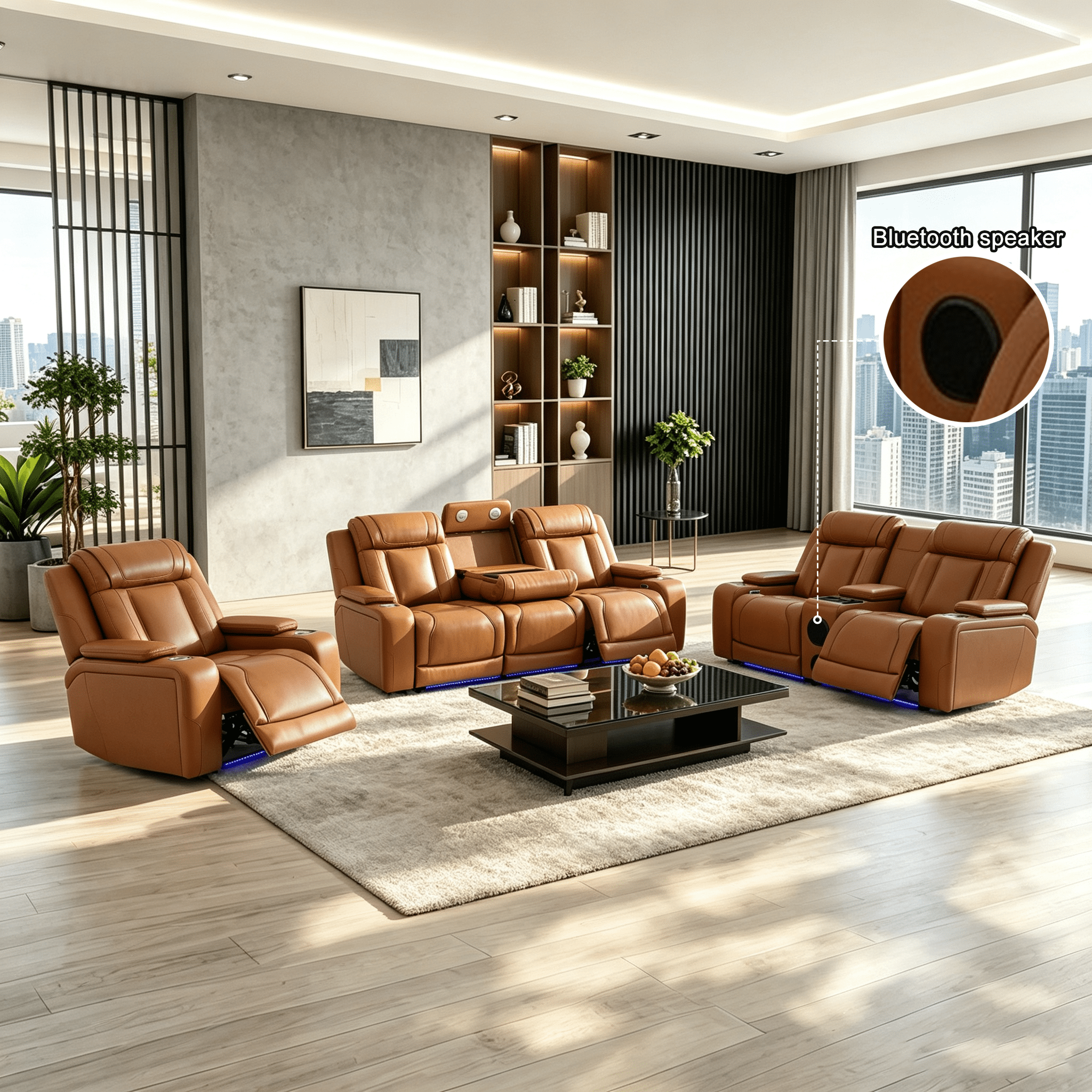 Gewnee 1+2+3 Piece Recliner Sofa Set, Air Leather Smart Sofa with Wireless Charging, Bluetooth Speaker, LED Light, Cup Holders & Storage, Adjustable Recline for Living Room, Orange Yellow
