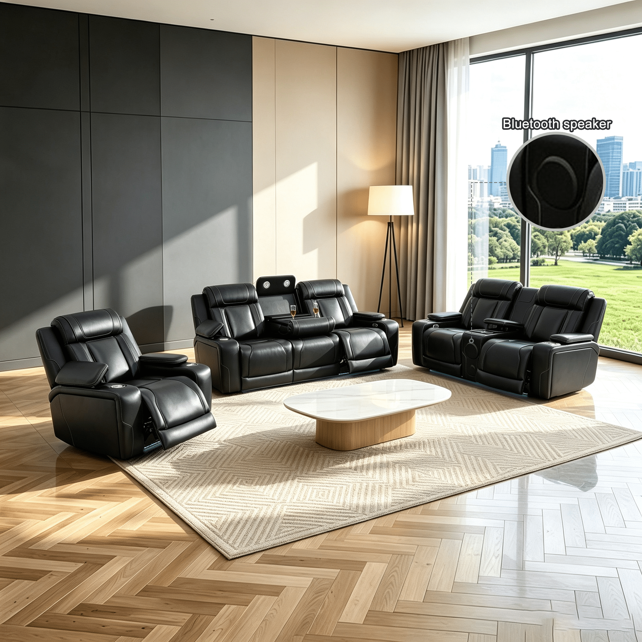 Gewnee 1+2+3 Piece Recliner Sofa Set, Air Leather Smart Sofa with Wireless Charging, Bluetooth Speaker, LED Light, Cup Holders & Storage, Adjustable Recline for Living Room, Black