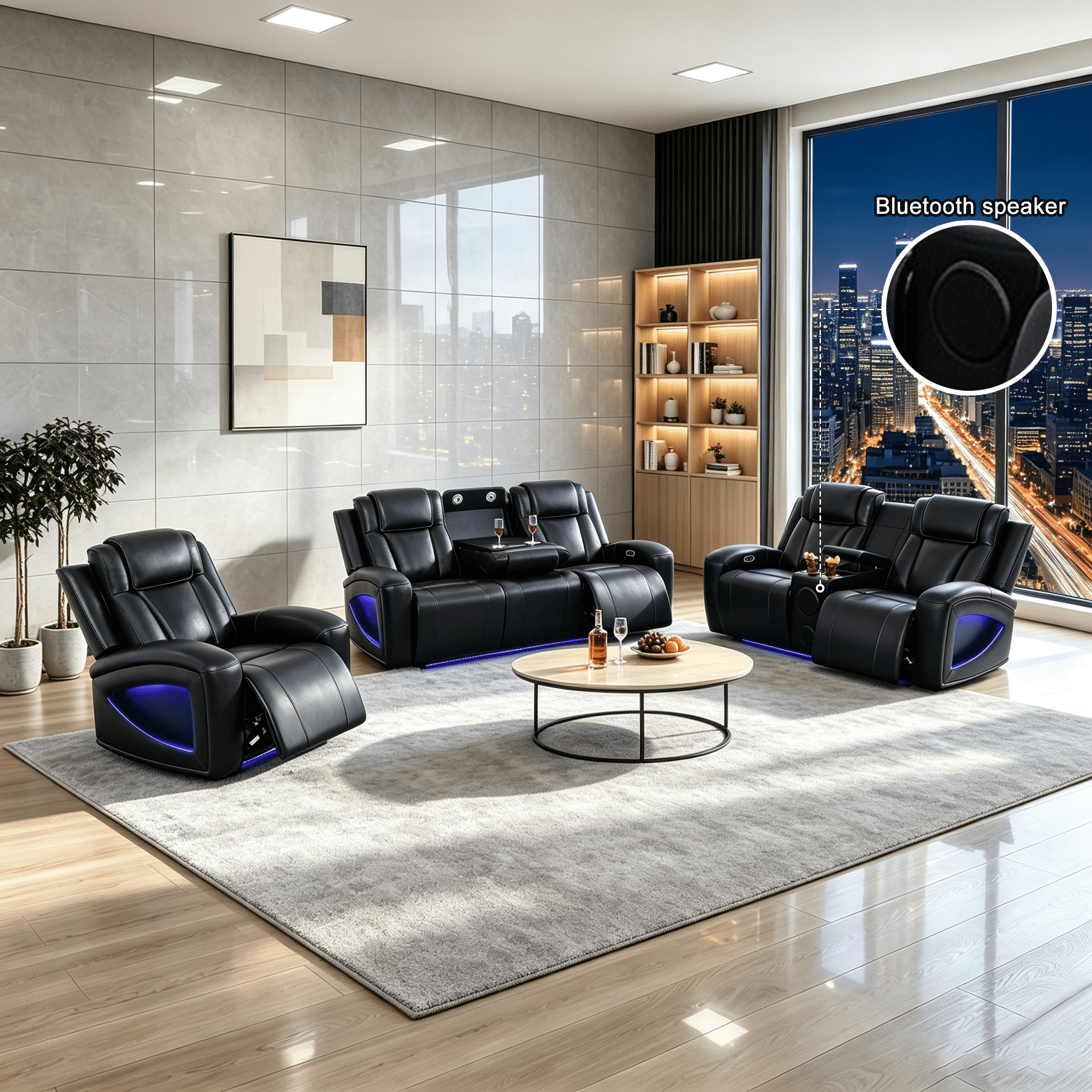 Gewnee 1+2+3 Piece Recliner Sofa Set, Air Leather Smart Sofa with Wireless Charging, Bluetooth Speaker, LED Light, Cup Holders & Storage, Adjustable Recline for Living Room, Black