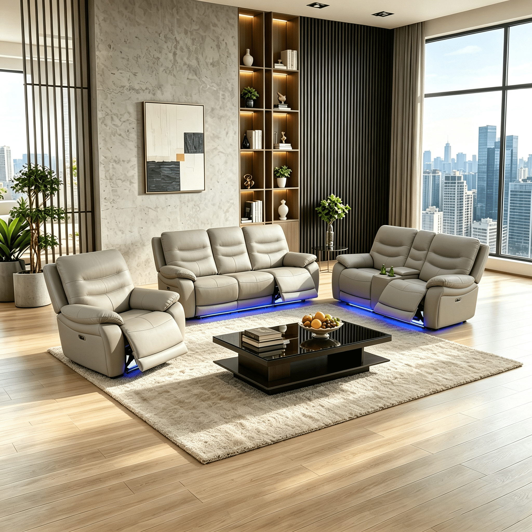 Gewnee 1+2+3 Power Recliner Sofa Set, Air Leather, Multifunctional Smart Reclining Sofa with USB Charging, Storage, Cup Holders, LED Ambient Light for Living Room,Light Gray