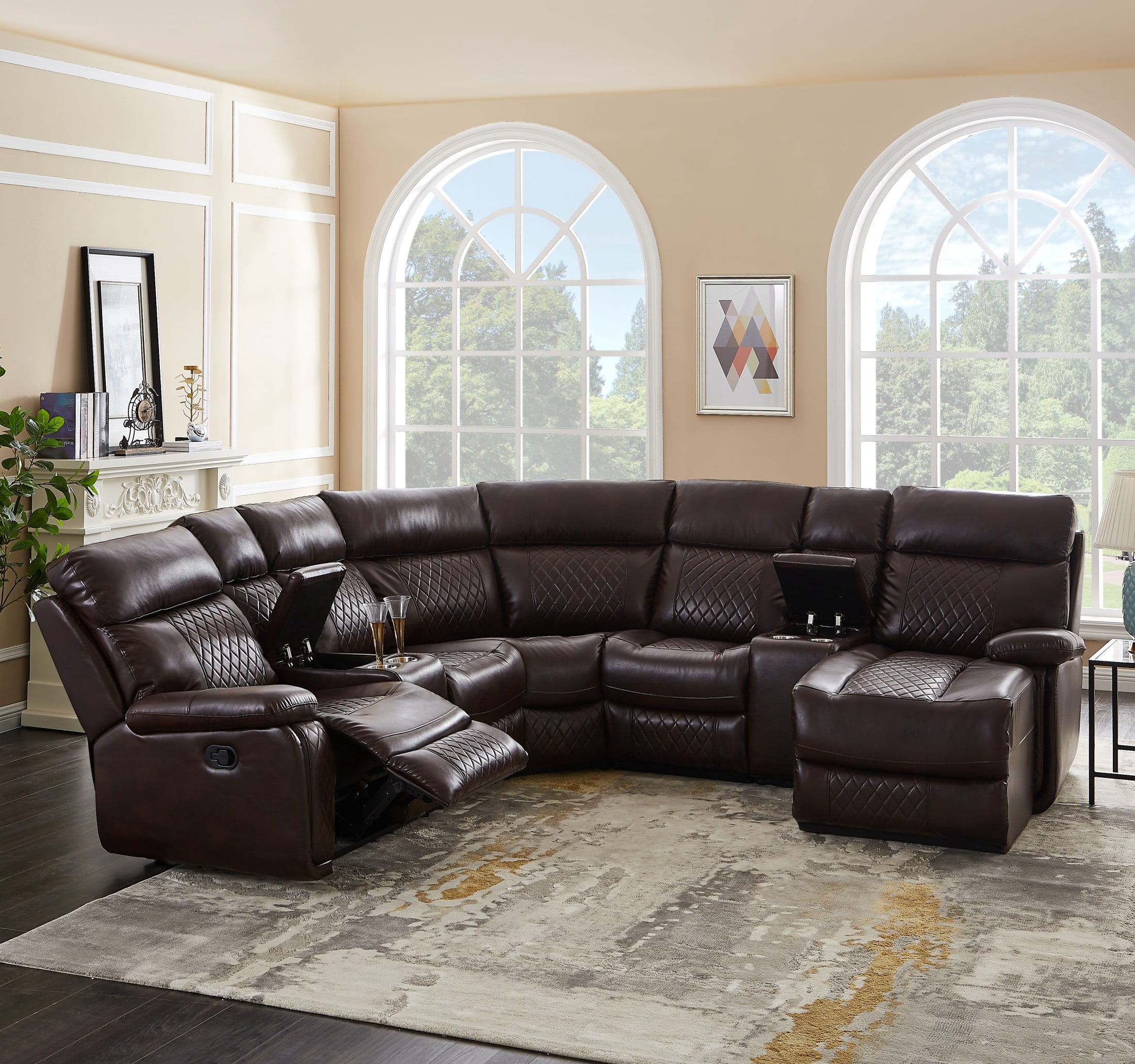 Gewnee 100” Sectional Manual Recliner Living Room Set, 5-Seat with 1 Recliner, 2 Armless Chairs, 1 Wedge, 1 Chaise, Console Storage, Brown PU Upholstery