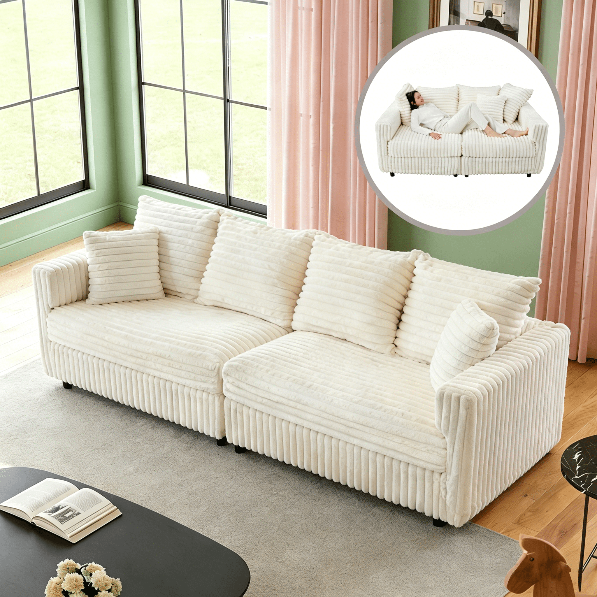 Gewnee 104.3" Plush Corduroy 4-Seat Sofa Cloud Couch,Modern Deep Seat Convertible Lounge Chair with High Resilience Sponge and Pillows,for Living Room、Bedroom、Apartment.