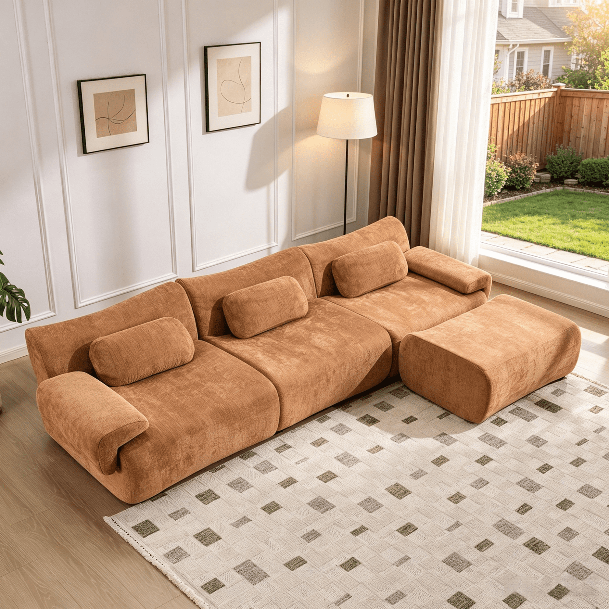 Gewnee 107.9"Modular Sectional Sofa,Upholstered Cloud Couch with Deep Seat & Ottoman,L-Shaped Chenille Sofa for Living Room.Orange