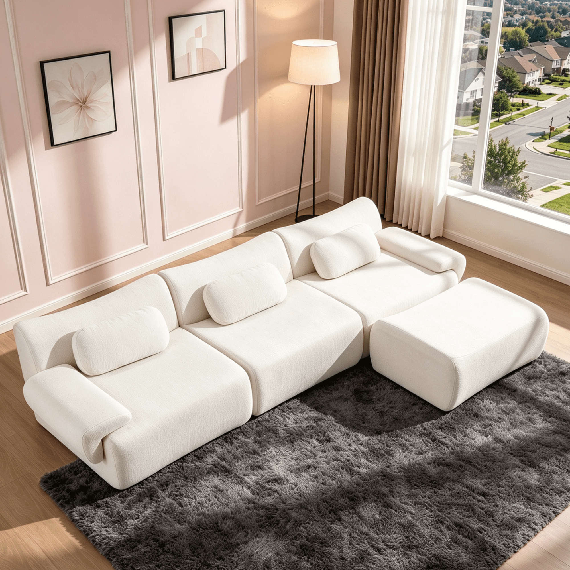 Gewnee 107.9"Modular Sectional Sofa,Upholstered Cloud Couch with Deep Seat & Ottoman,L-Shaped Chenille Sofa for Living Room.White