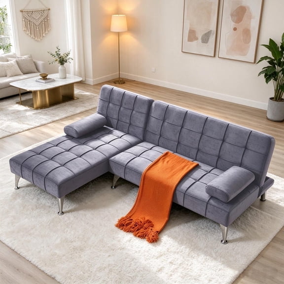 Gewnee 78.35" L-Shaped Velvet Reversible Sectional Sleeper Sofa, Adjustable Split Back & Chaise Futon Couch, Multi-Functional Sofa Bed for Living Room, Office & Guest Room, Dark Grey