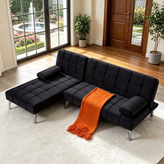 Gewnee 107”L-Shaped Velvet Reversible Sectional Sleeper Sofa,Futon Sofa with Adjustable Split Back & Chaise,Couch for Home,Office and Guest Room.Black