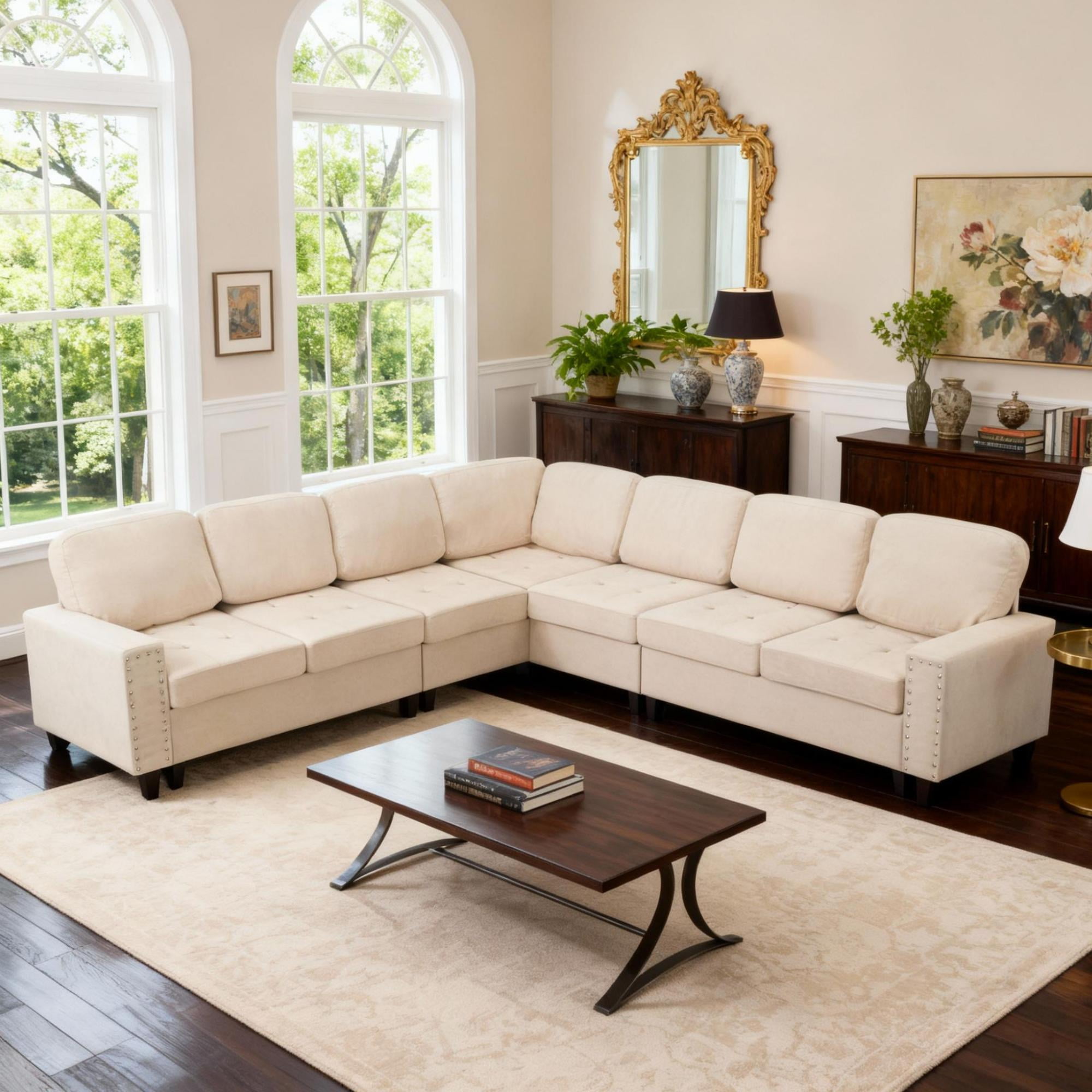 Gewnee 108" High Backrest Sectional Sofa&Couch,L-Shape Sectional Sofa Convertible Left or Right Chaise,Linen Blend，Ding Head Design,6-Seater Seating and Suitable for Living Room.(Beige)