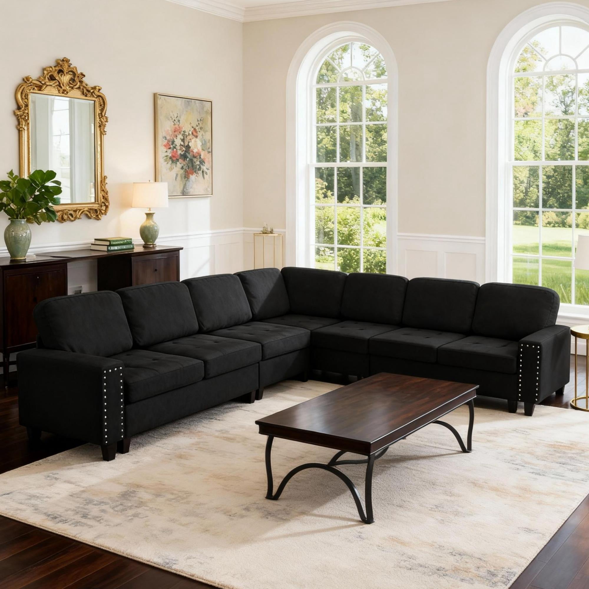 Gewnee 108" High Backrest Sectional Sofa&Couch,L-Shape Sectional Sofa Convertible Left or Right Chaise,Linen Blend，Ding Head Design,6-Seater Seating and Suitable for Living Room.(Black)