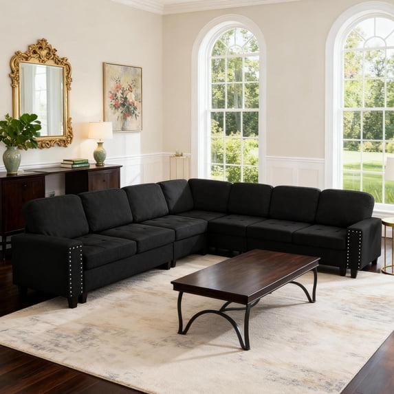 Gewnee 108" High Backrest Sectional Sofa&Couch,L-Shape Sectional Sofa Convertible Left or Right Chaise,Linen Blend,Ding Head Design,6-Seater Seating and Suitable for Living Room.(Black)