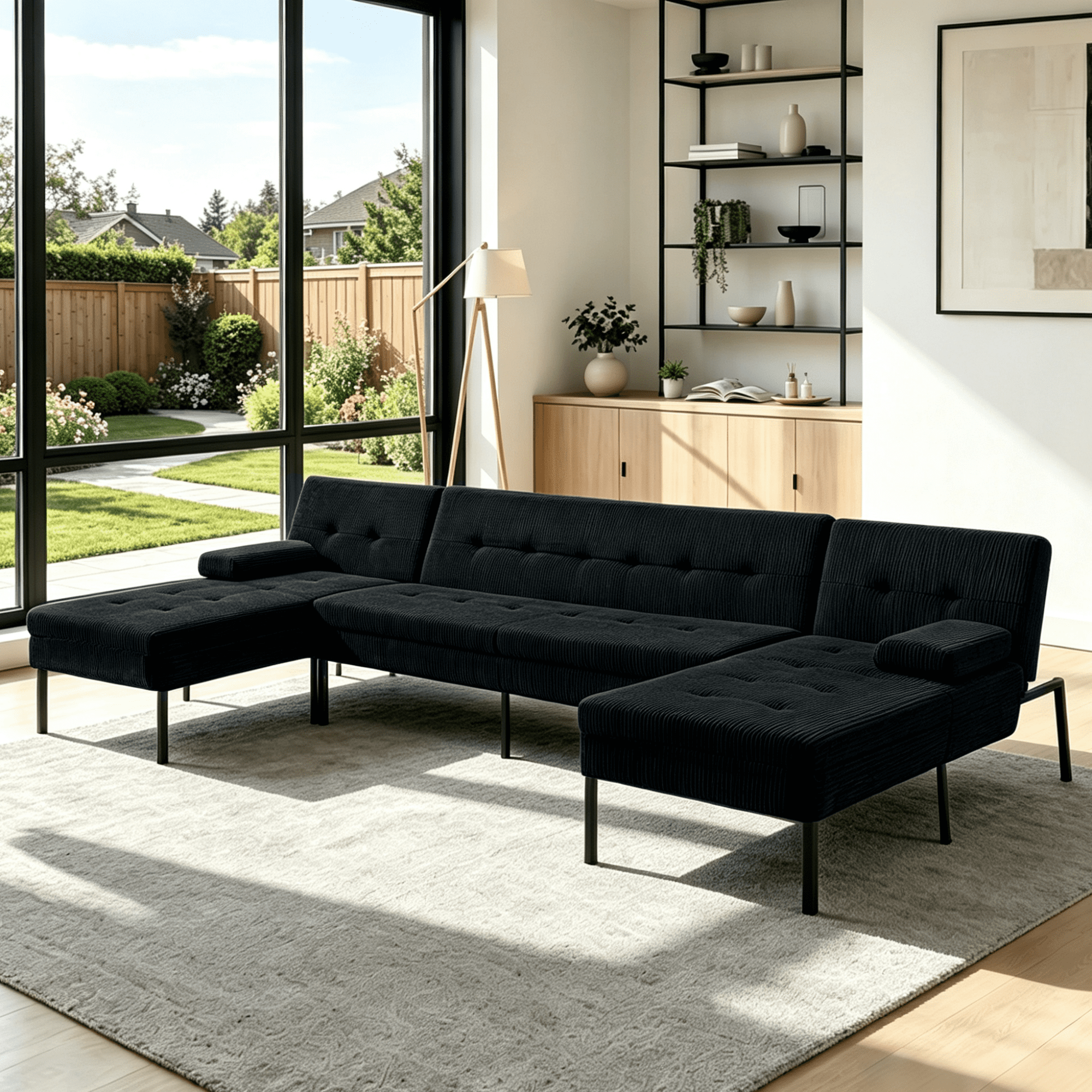 Gewnee 117.13”U-Shaped Sectional Sofa,Corduroy Couch,4 Seat Lounge Sleeper Sofa with Double Chaises for Living Room.Black