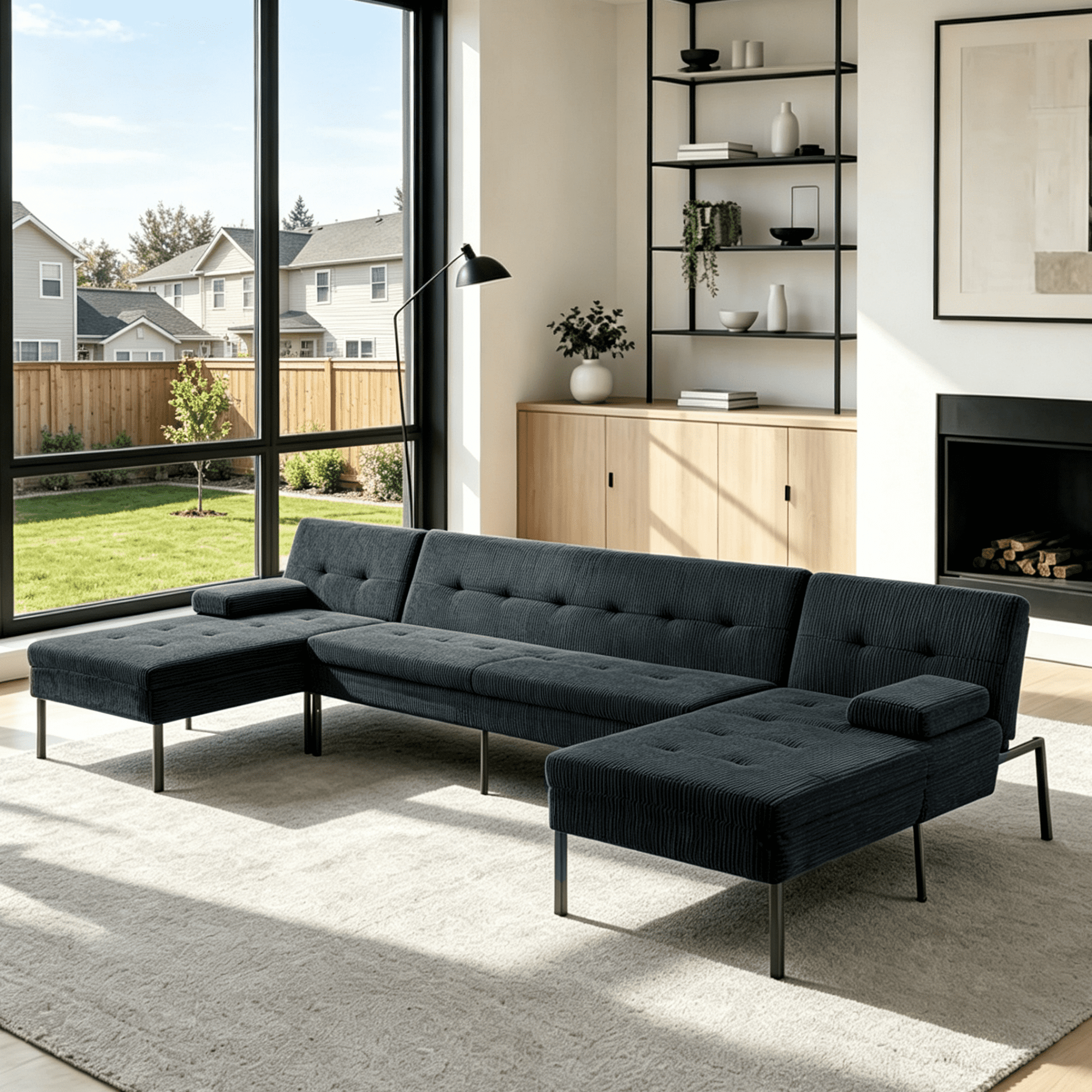 Gewnee 117.13”U-Shaped Sectional Sofa,Corduroy Couch,4 Seat Lounge Sleeper Sofa with Double Chaises for Living Room.Dark Grey