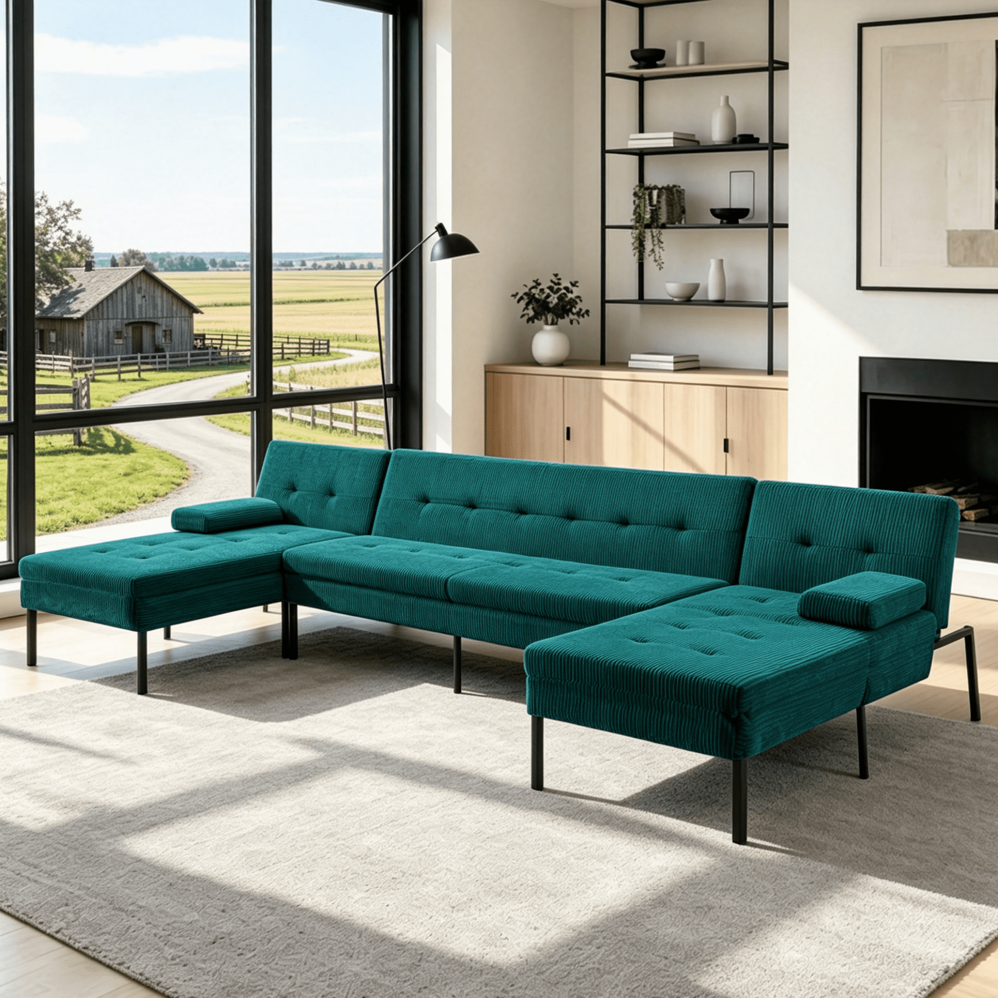 Gewnee 117.13”U-Shaped Sectional Sofa,Corduroy Couch,4 Seat Lounge Sleeper Sofa with Double Chaises for Living Room.Green