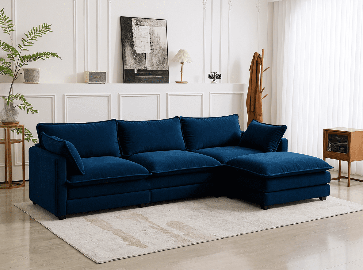 Gewnee 117.7" L - Shaped Velvet Modular Ultra Deep Seat Sectional Sofa, Super Comfy 3 -Seater with 1 Ottomans for Living Room
