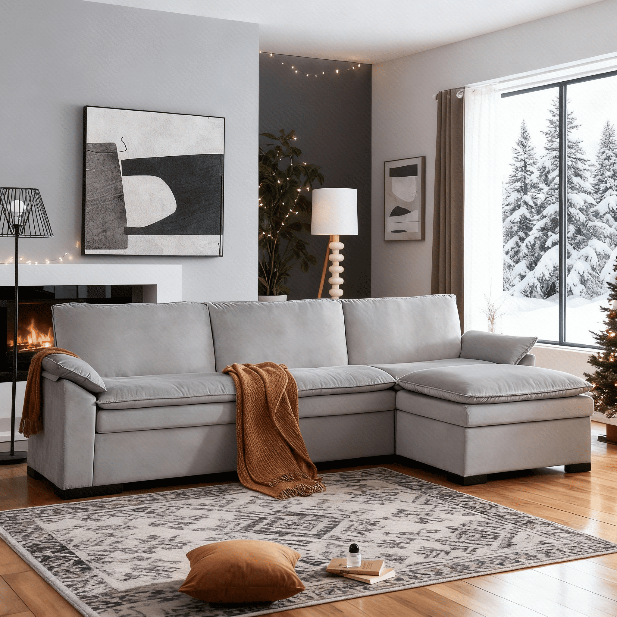 Gewnee 117.7" L - Shaped Velvet Modular Ultra Deep Seat Sectional Sofa, Super Comfy 3 -Seater with 1 Ottomans for Living Room