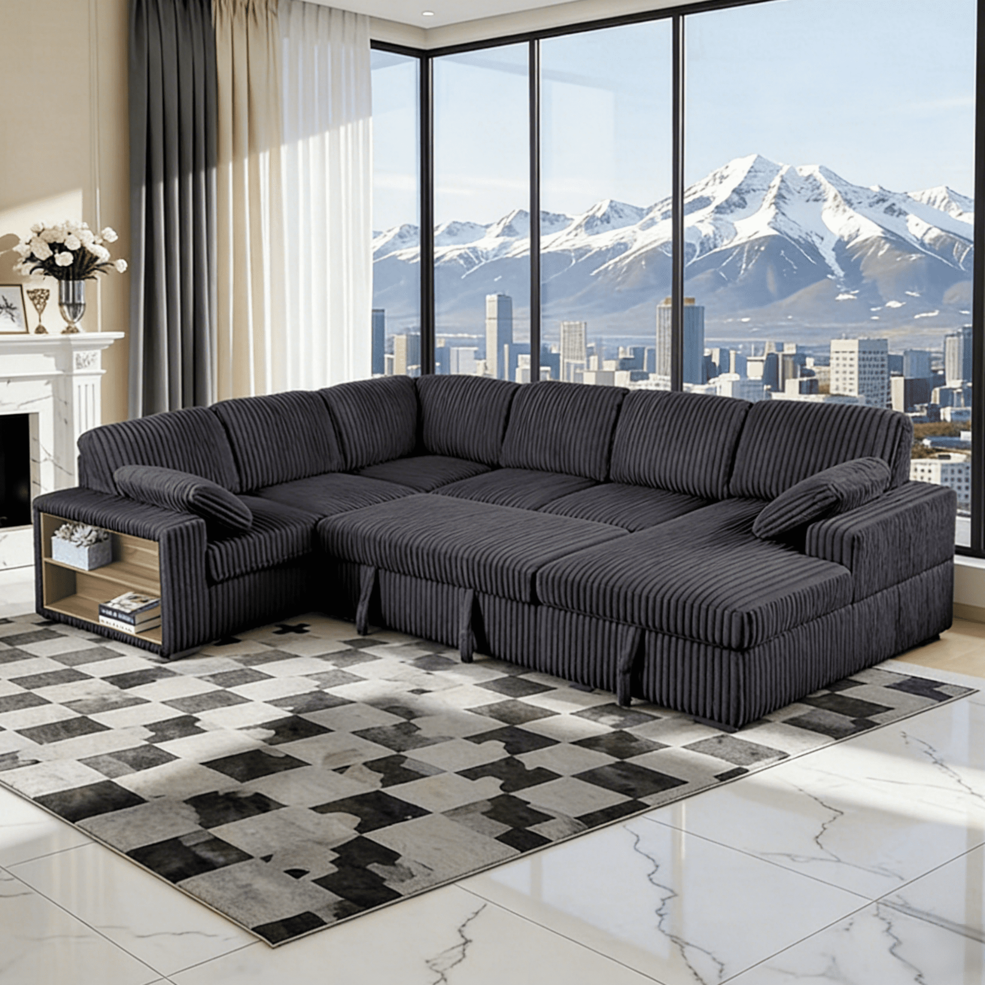 Gewnee 117 inch Sectional Sofa with Pull Out Bed,U-Shaped Modular Sectional with Storage,Cloud Couch for Living Room,Family Room & Apartment,Dark Grey