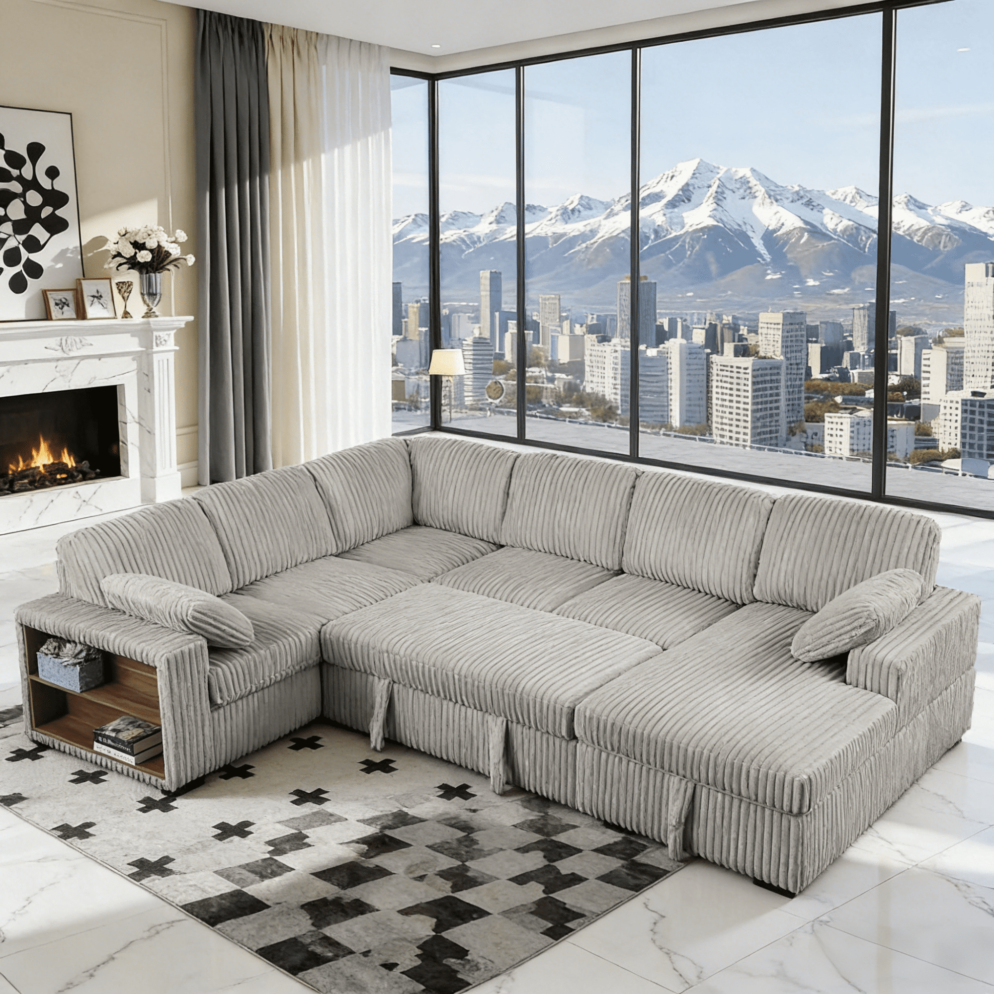 Gewnee 117 inch Sectional Sofa with Pull Out Bed,U-Shaped Modular Sectional with Storage,Cloud Couch for Living Room,Family Room & Apartment,Light Grey
