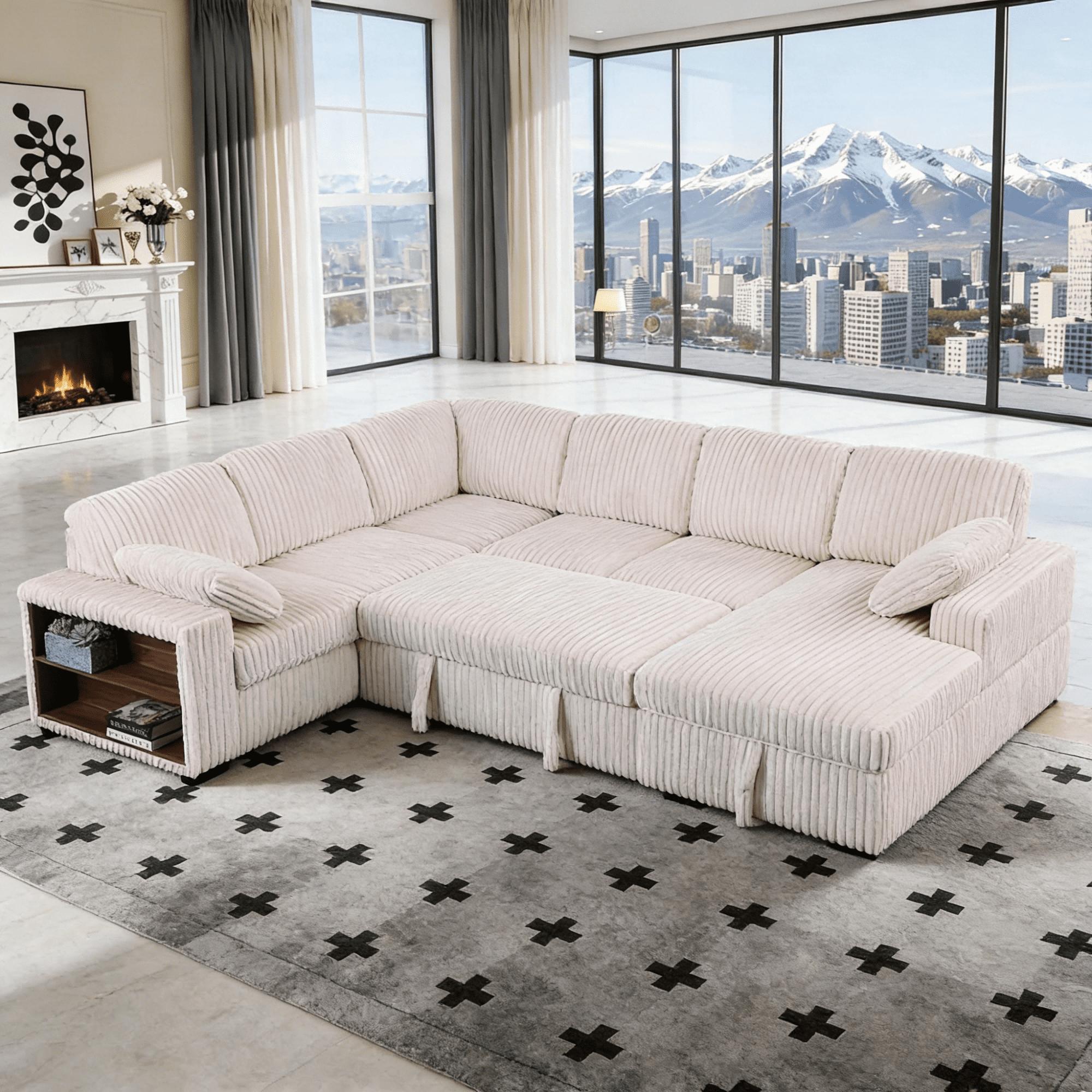 Gewnee 117 inch Sectional Sofa with Pull Out Bed,U-Shaped Modular Sectional with Storage,Cloud Couch for Living Room,Family Room & Apartment,Beige