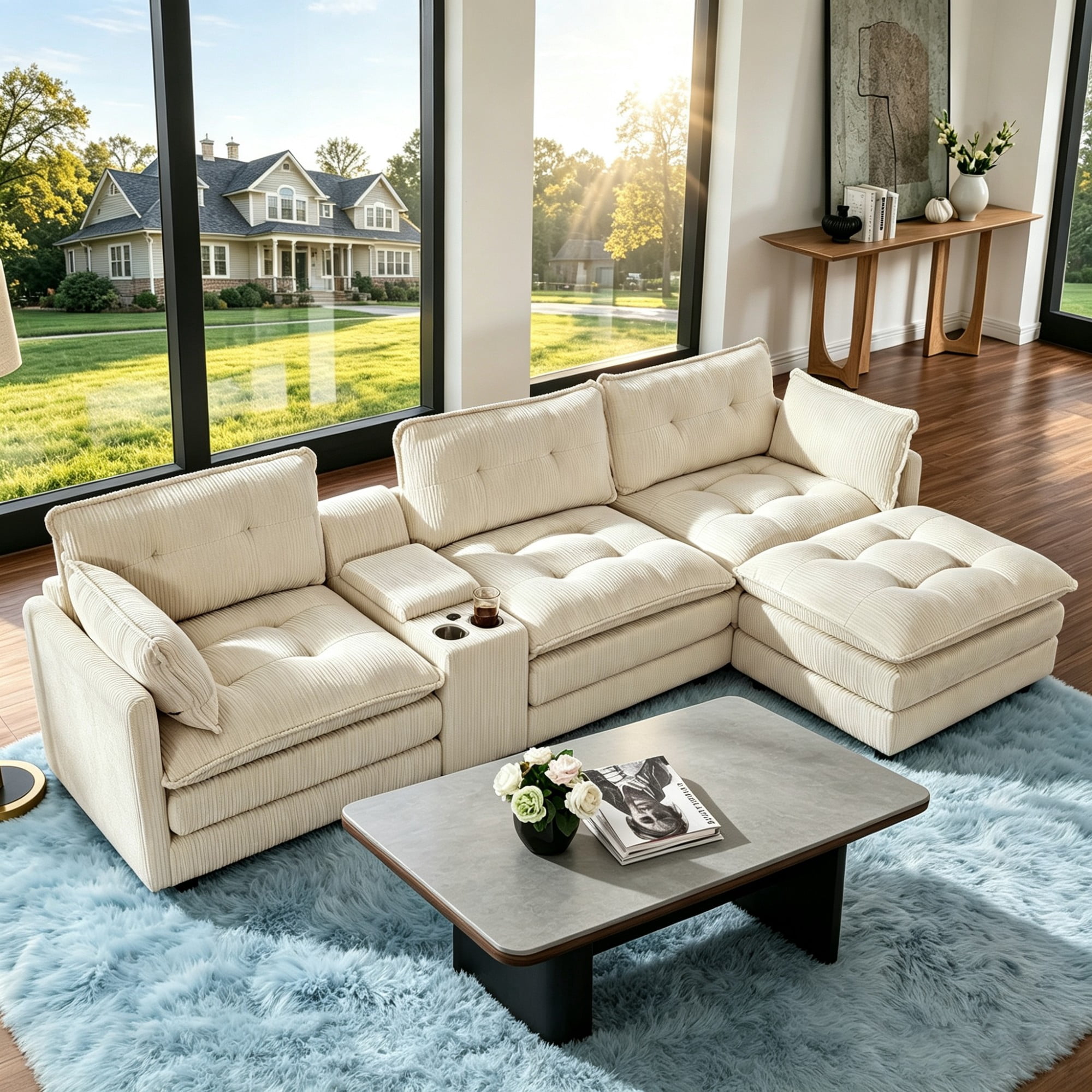 Gewnee 119" L-Shaped Sectional Sofa,Modern Corduroy Modular Sofa Couch with Storage Function,USB &Cup Holders,Movable Ottoman Sectional Couch for Living Room,Beige