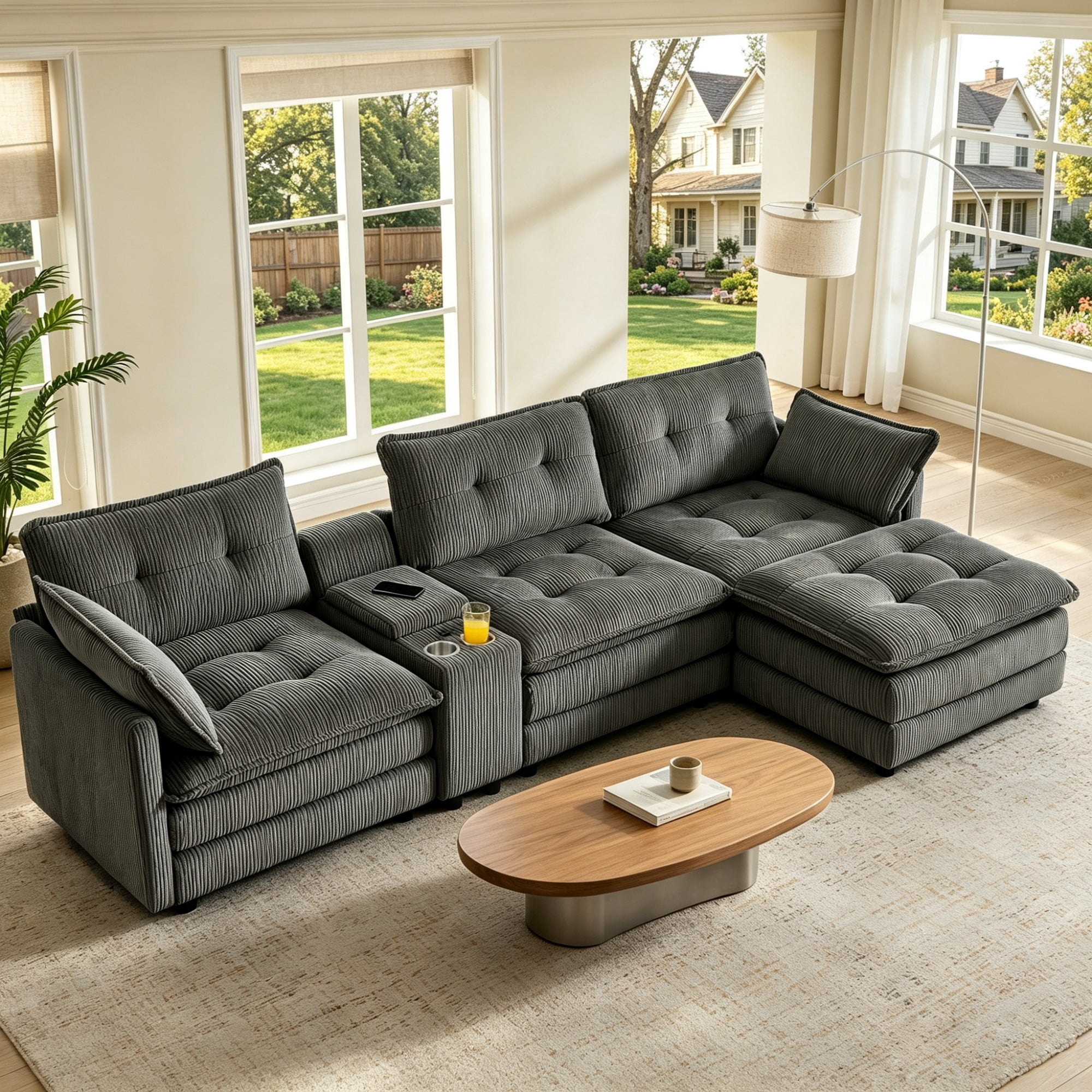 Gewnee 119" L-Shaped Sectional Sofa,Modern Corduroy Modular Sofa Couch with Storage Function,USB &Cup Holders,Movable Ottoman Sectional Couch for Living Room,Gray
