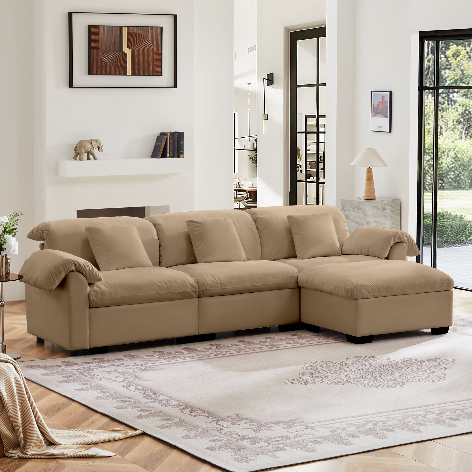 Gewnee 119"Sectional Sofa, L Shaped Couch with 1 Storage Footstool and 3 Pillow for Living Room Apartment