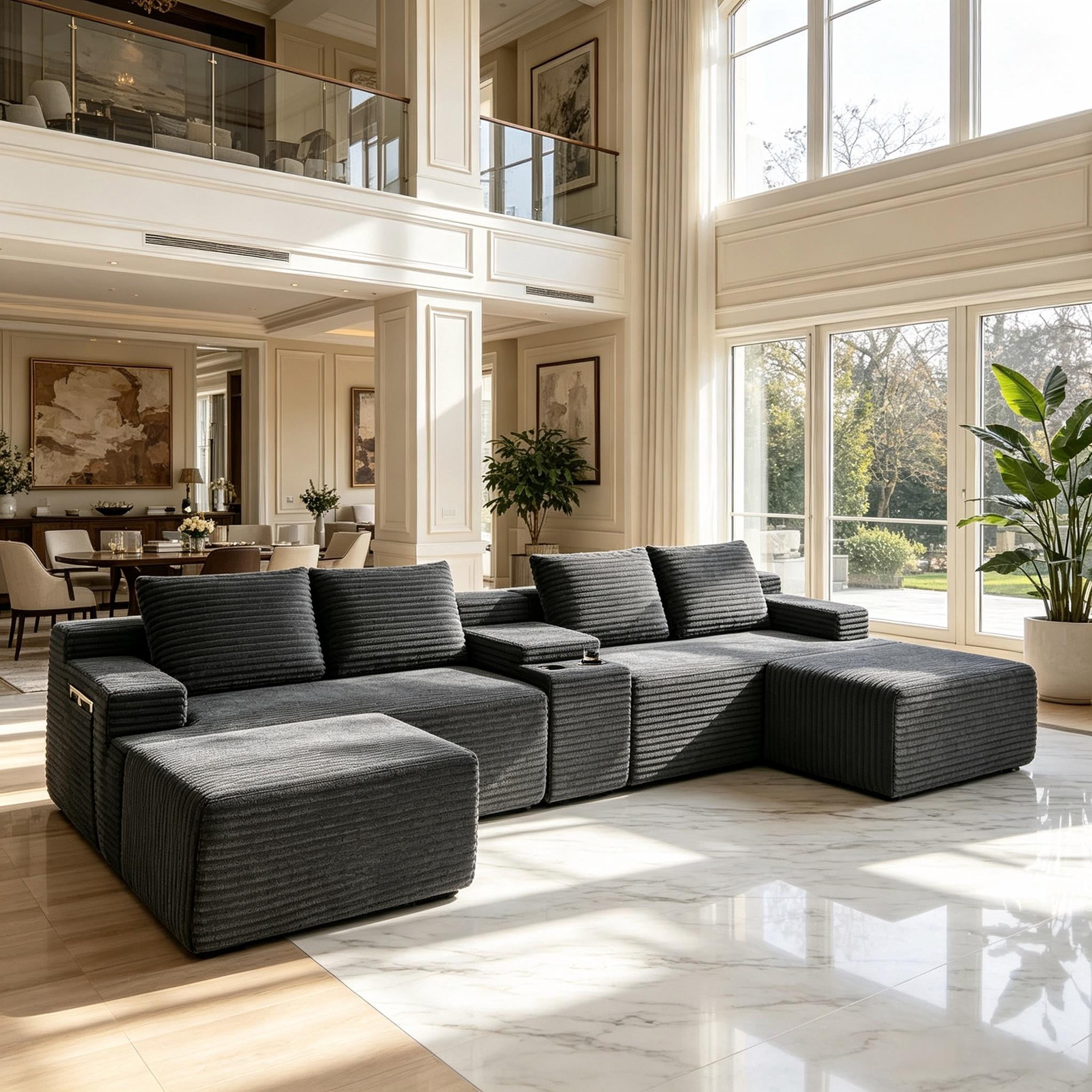 Gewnee 140.6" U‑Shaped Cloud Modular Sectional Sofa, Fluffy Corduroy Deep Seat Couch with Double Chaise Lounge, Storage Central Console & Cup Holders, Gray, for Living Room