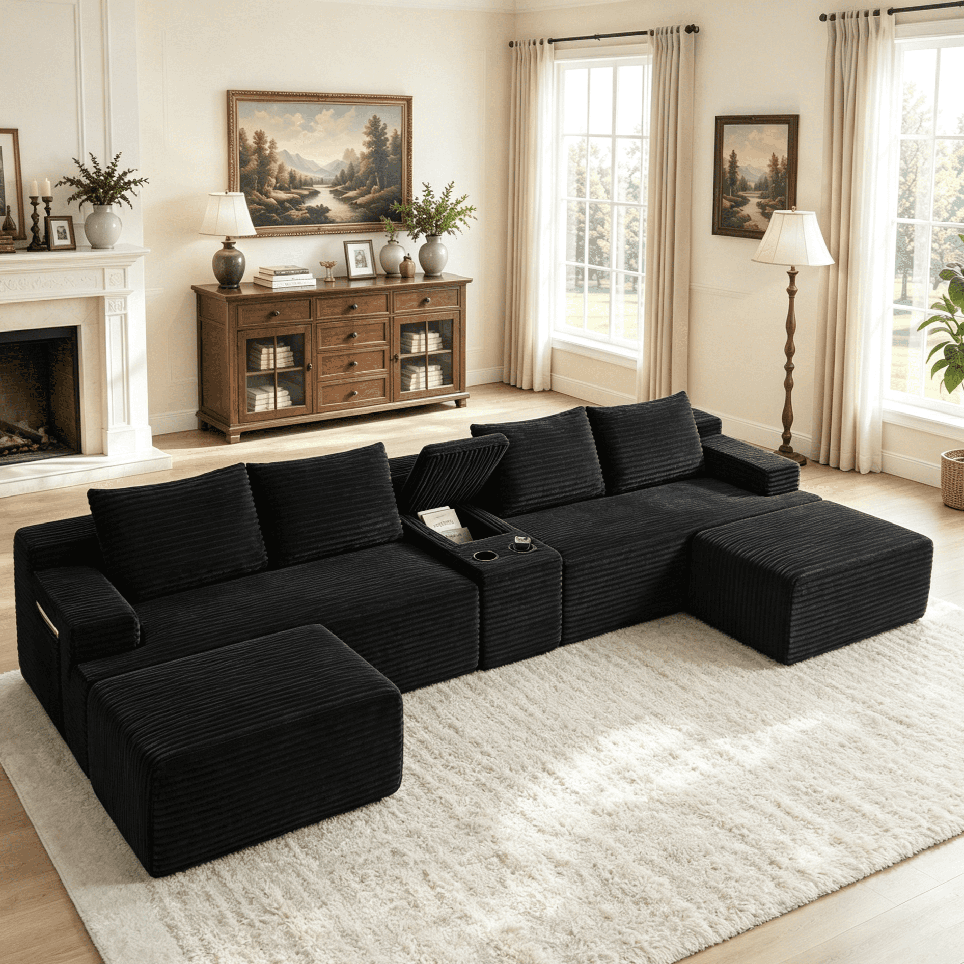 Gewnee 140.6" U‑Shaped Cloud Modular Sectional Sofa, Fluffy Corduroy Deep Seat Couch With Double Chaise Lounge, Storage Central Console & Cup Holders, For Living Room,Black