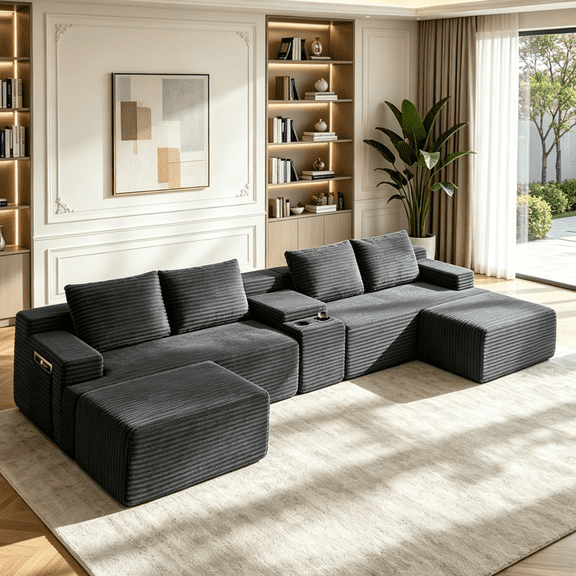 Gewnee 140"Cloud Couch Modular Sectional Sofa,Oversized Boneless Couch with Hidden Storage & Cup Holders and Side Pockets,5 Seat U Shaped Couch for Living Room.Dark Grey