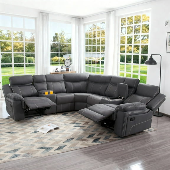 Gewnee 149" Manual Reclining Sectional Sofa with 2 Recliners,Storage Box& Cup Holders for Living Rooms.Gray