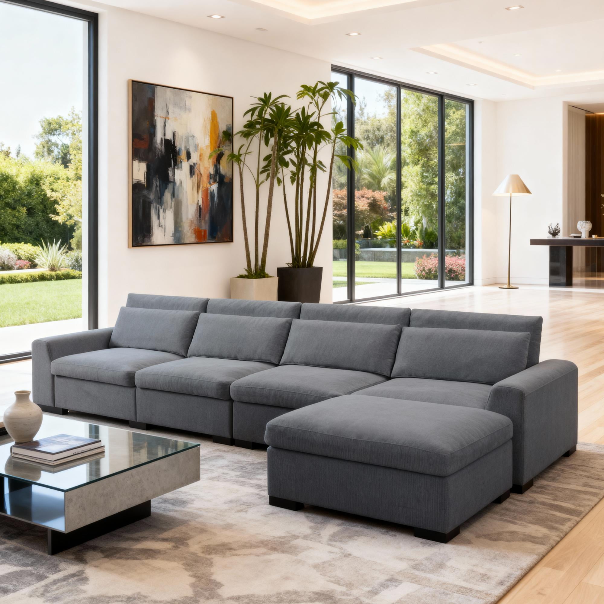 Gewnee 149” Modular Sectional Sofa with Ottoman, L Shaped Corduroy Cloud Couch with Chaise, Modular Sleeper Furniture Sofa Couch Set for Living Room