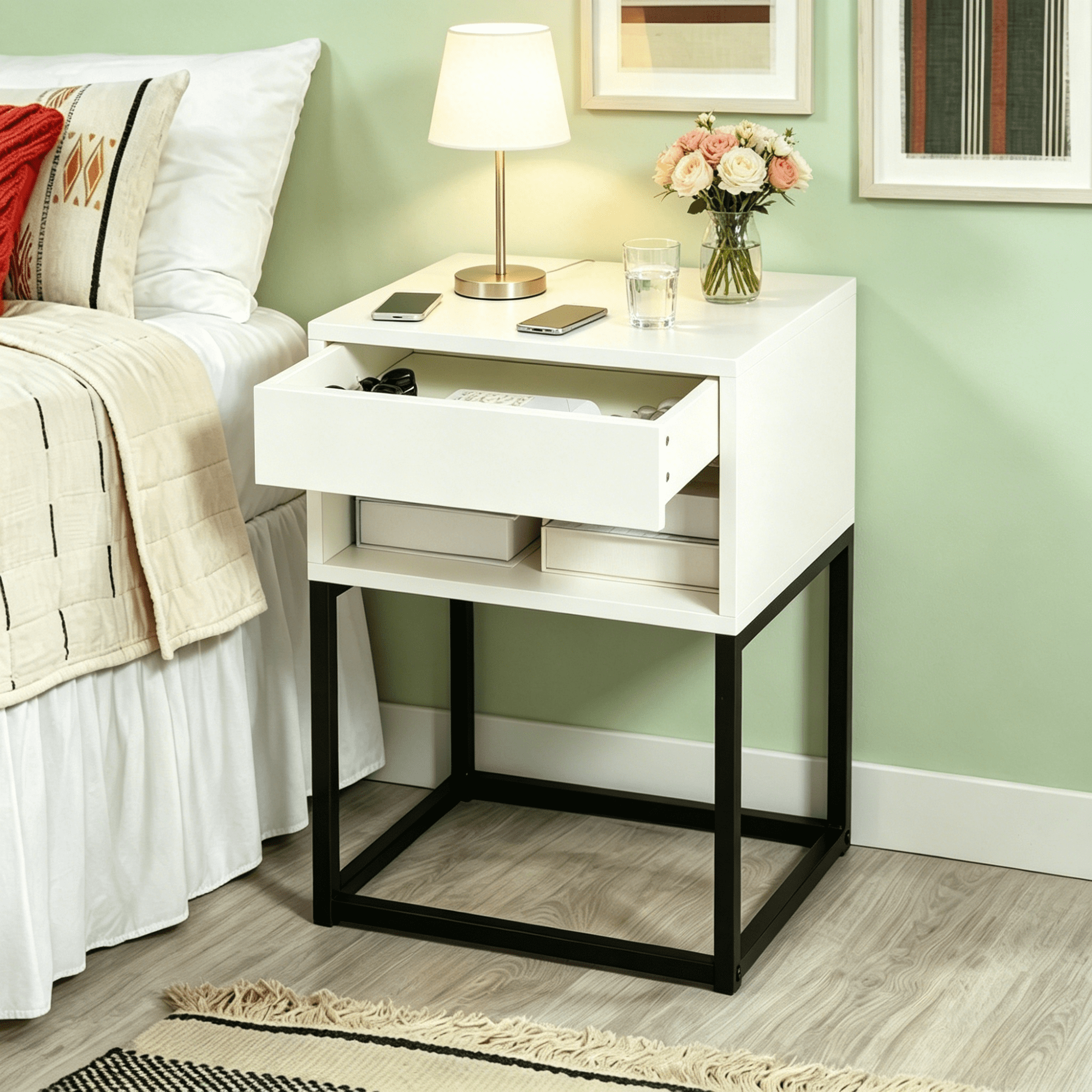 Gewnee 15.91”Nightstand with Drawer and Shelf,MDF & Metal Legs,Small Side Table for Bedroom,Living Room,Home Office,Easy Assembly.White