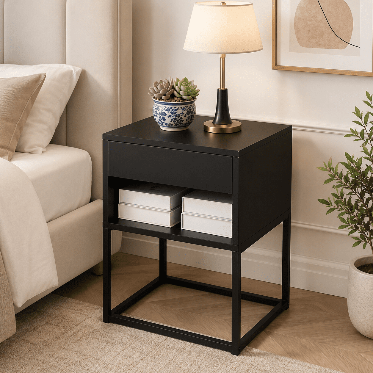 Gewnee 15.91" Small Nightstand with Drawer and Storage Shelf, MDF Wood Side Table with Metal Legs for Small Spaces, Black