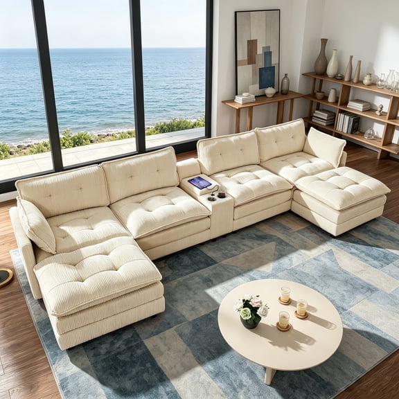 Gewnee 154"Sectional Sofa,U-Shaped Modular Sofa with Movable Ottoman,Comfy Corduroy Sofa with Storage Function,USB & Cup Holders for Living Room.Beige
