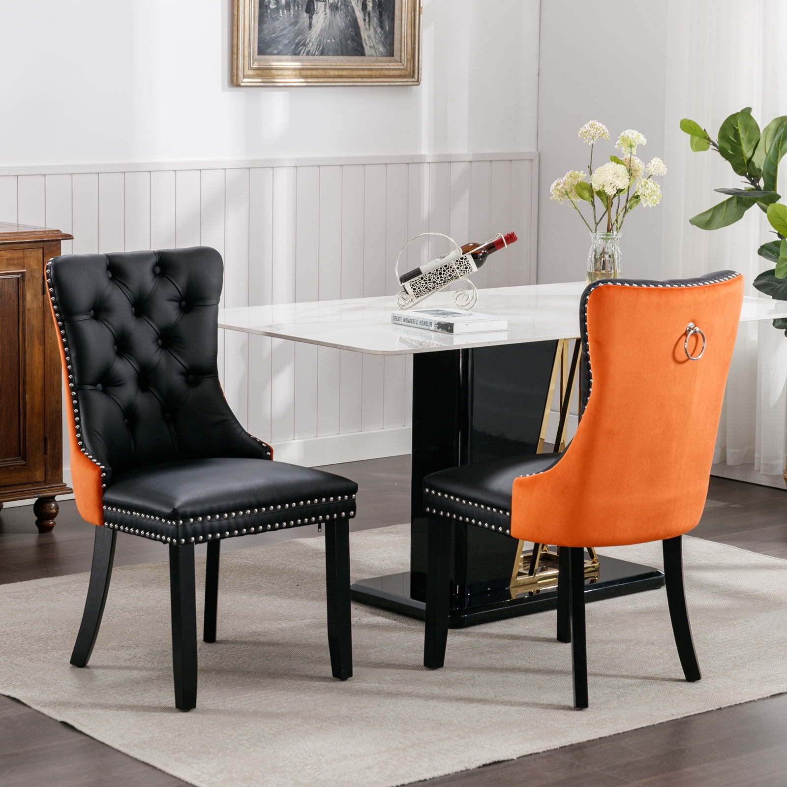Gewnee 2-Pcs Set Modern High-end Tufted Solid Wood Contemporary PU and Velvet Upholstered Black+Orange Dining Chair with Wood Legs Nailhead Trim