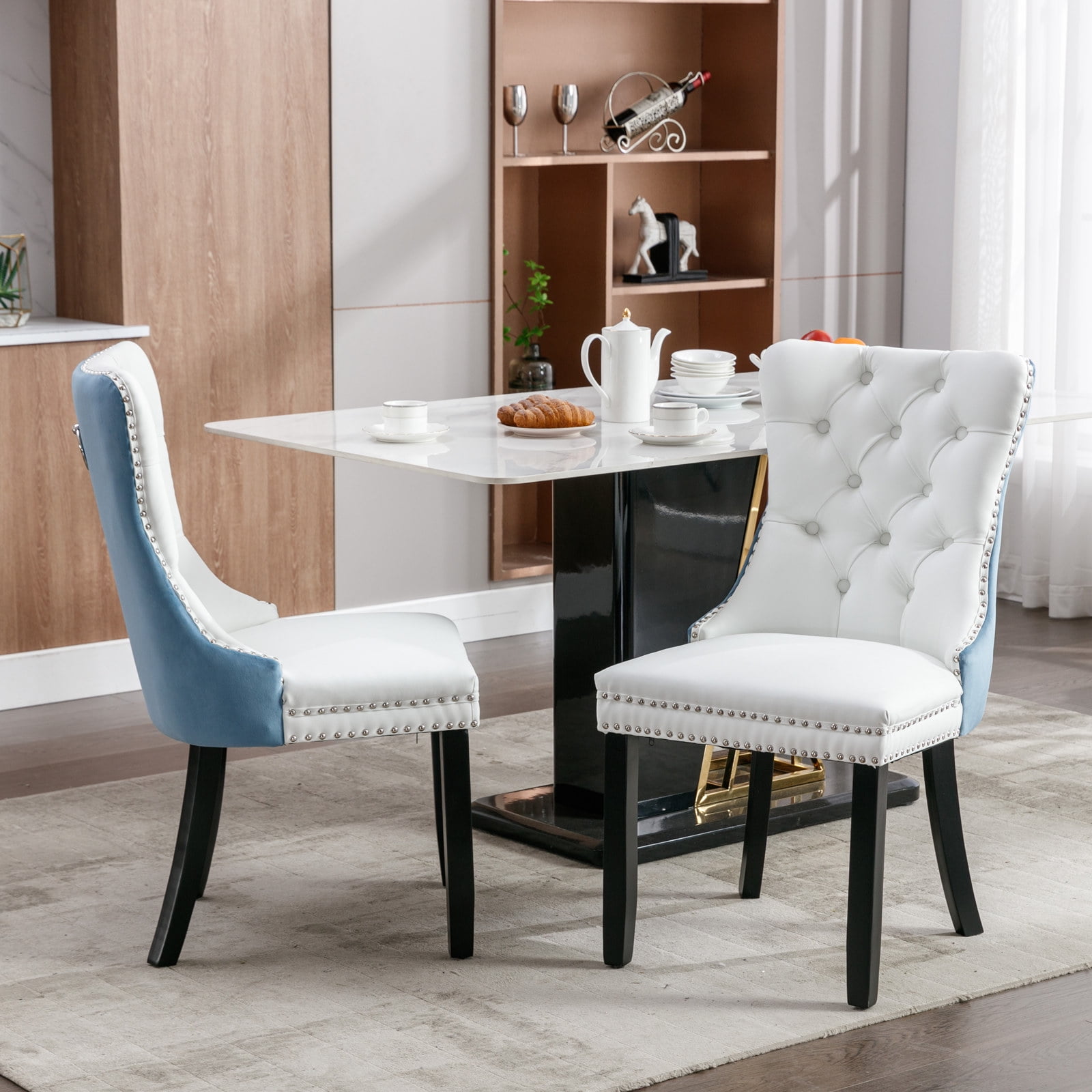 Gewnee 2-Pcs Set Modern High-End Tufted Solid Wood Contemporary PU and Velvet Upholstered White+Light Blue Dining Chair with Wood Legs Nailhead Trim