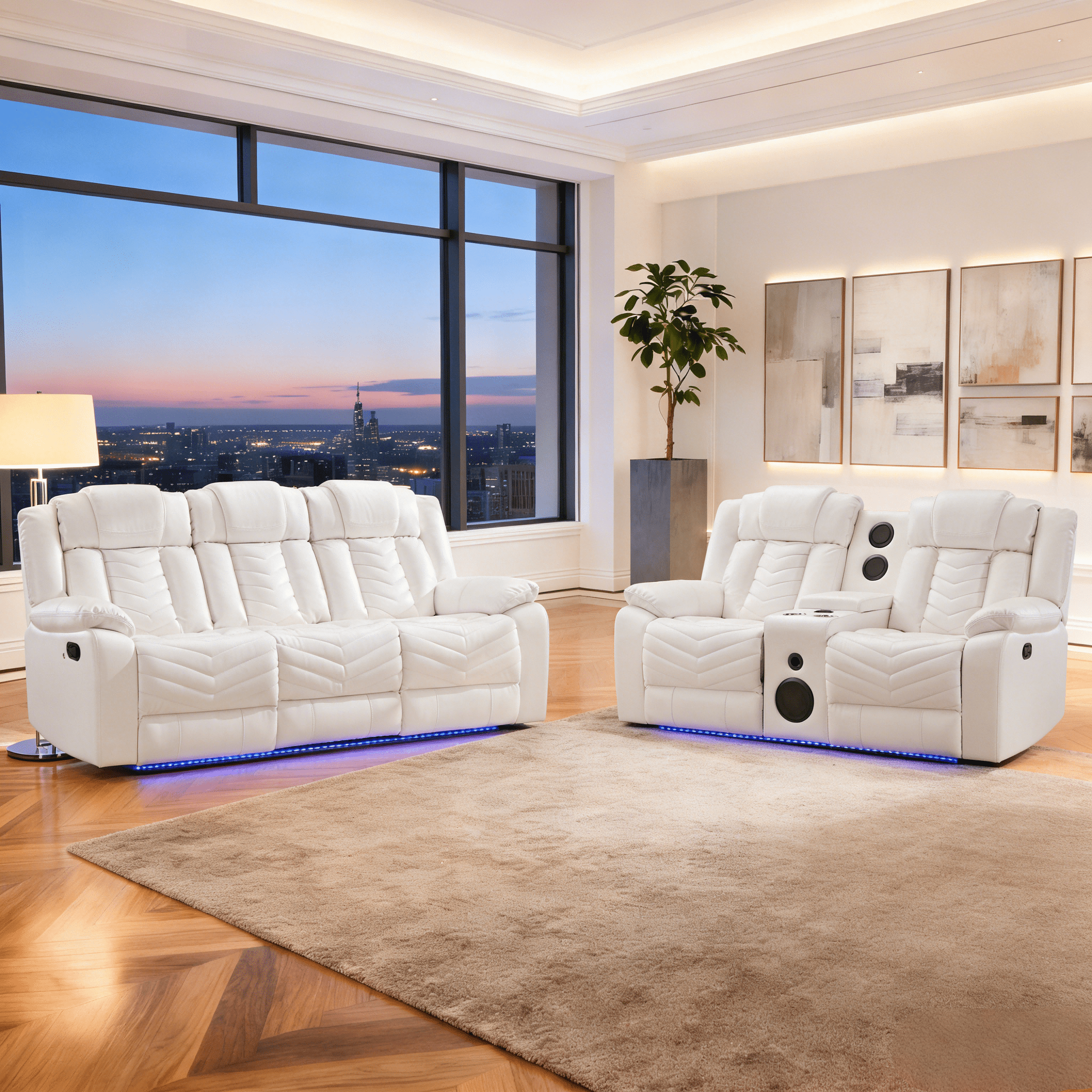 Gewnee 2-Piece Power Reclining Sofa Set, High-Quality Technical Leather with LED Strip & Wireless Charger, Living Room Furniture, White