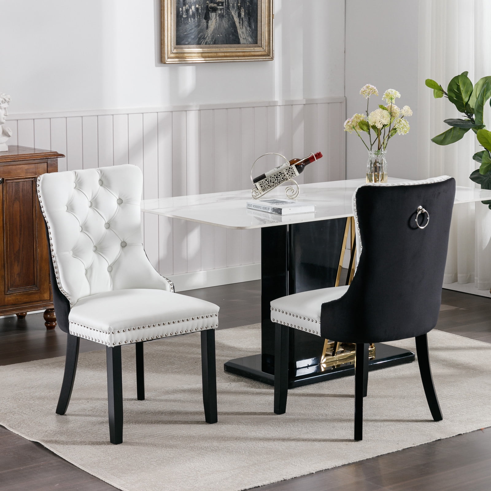 Gewnee 2 Piece Sets Modern High-end Tufted Solid Wood Contemporary PU and Velvet Upholstered White+Black Dining Chair with Wood Legs Nailhead Trim