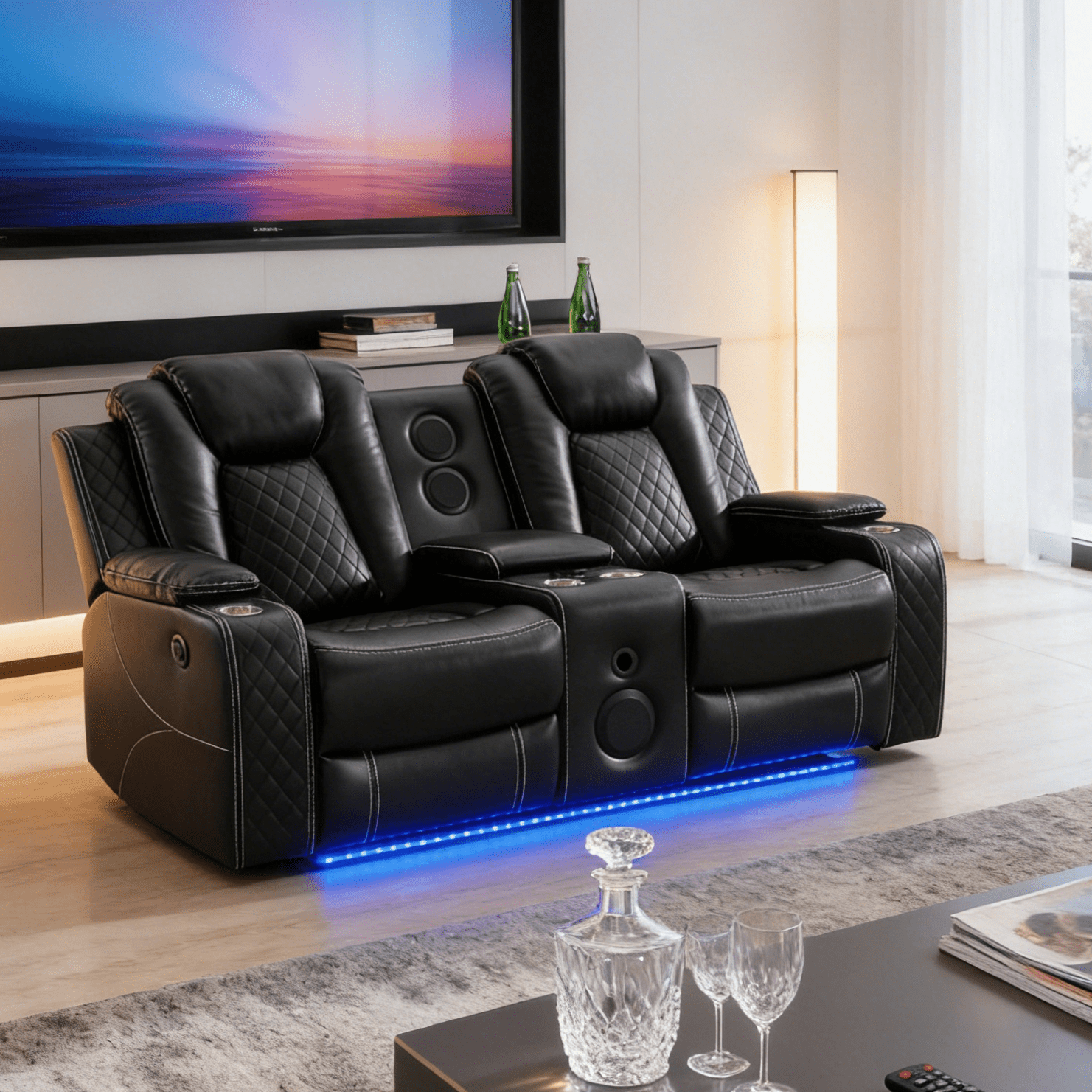 Gewnee 2-Seat Technical Leather Power Reclining Loveseat with LED Strip, Bluetooth Speakers, USB Charging, Cup Holders and Storage, Black