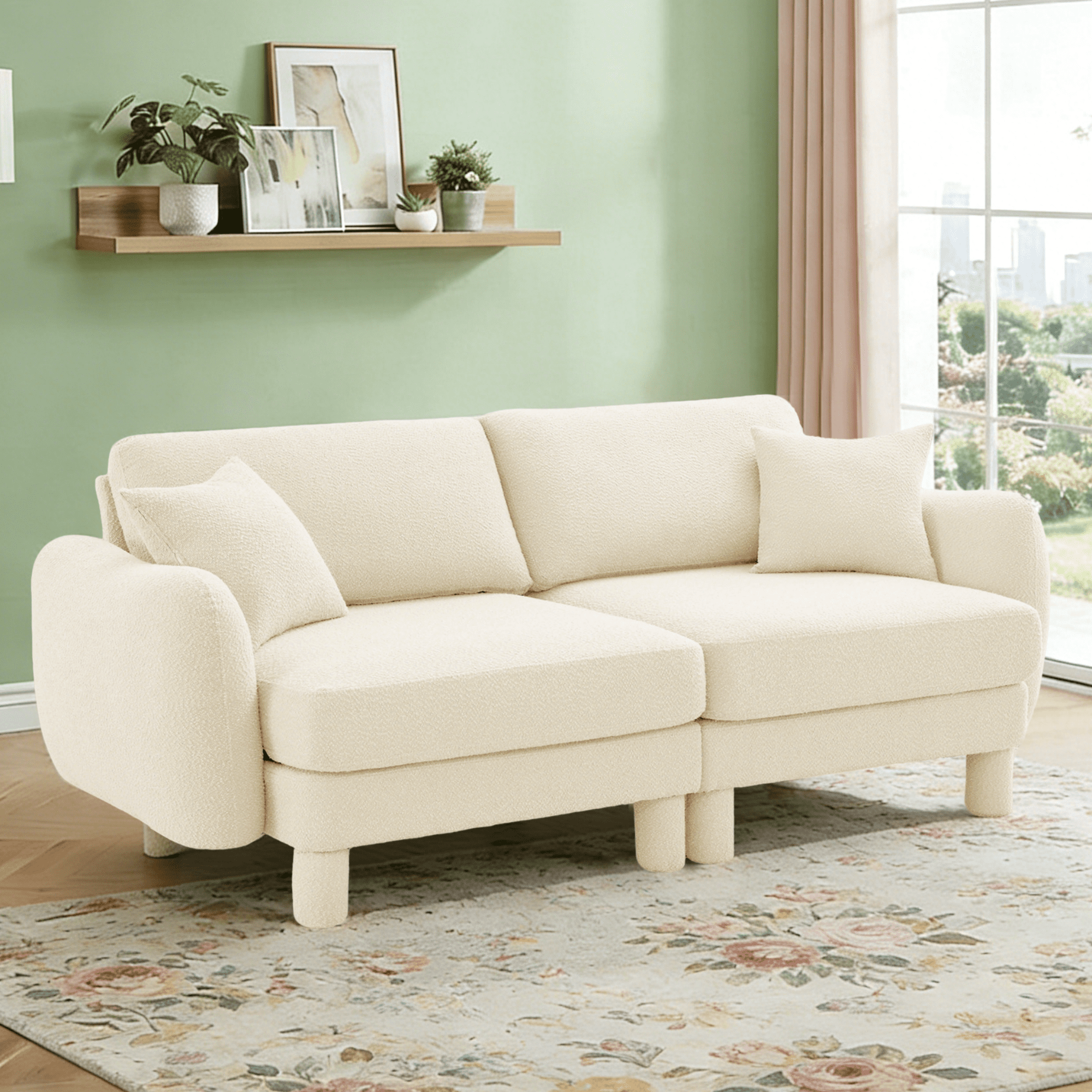 Gewnee Beige 2-Seater Boucle Loveseat with Shell Armrests & Fabric-Wrapped Cylindrical Legs - Ideal for Bedroom Reading Nook, Home Office Lounge