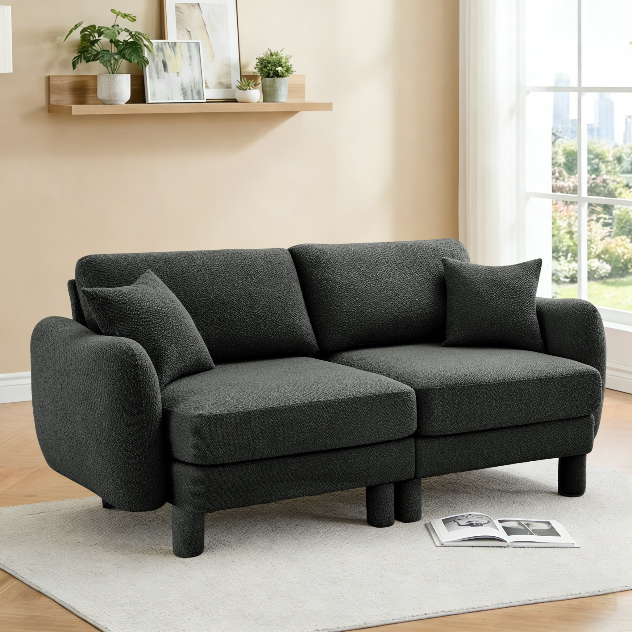 Gewnee Dark Grey 2-Seater Boucle Loveseat with Shell Armrests & Fabric-Wrapped Cylindrical Legs - Ideal for Bedroom Reading Nook, Home Office Lounge