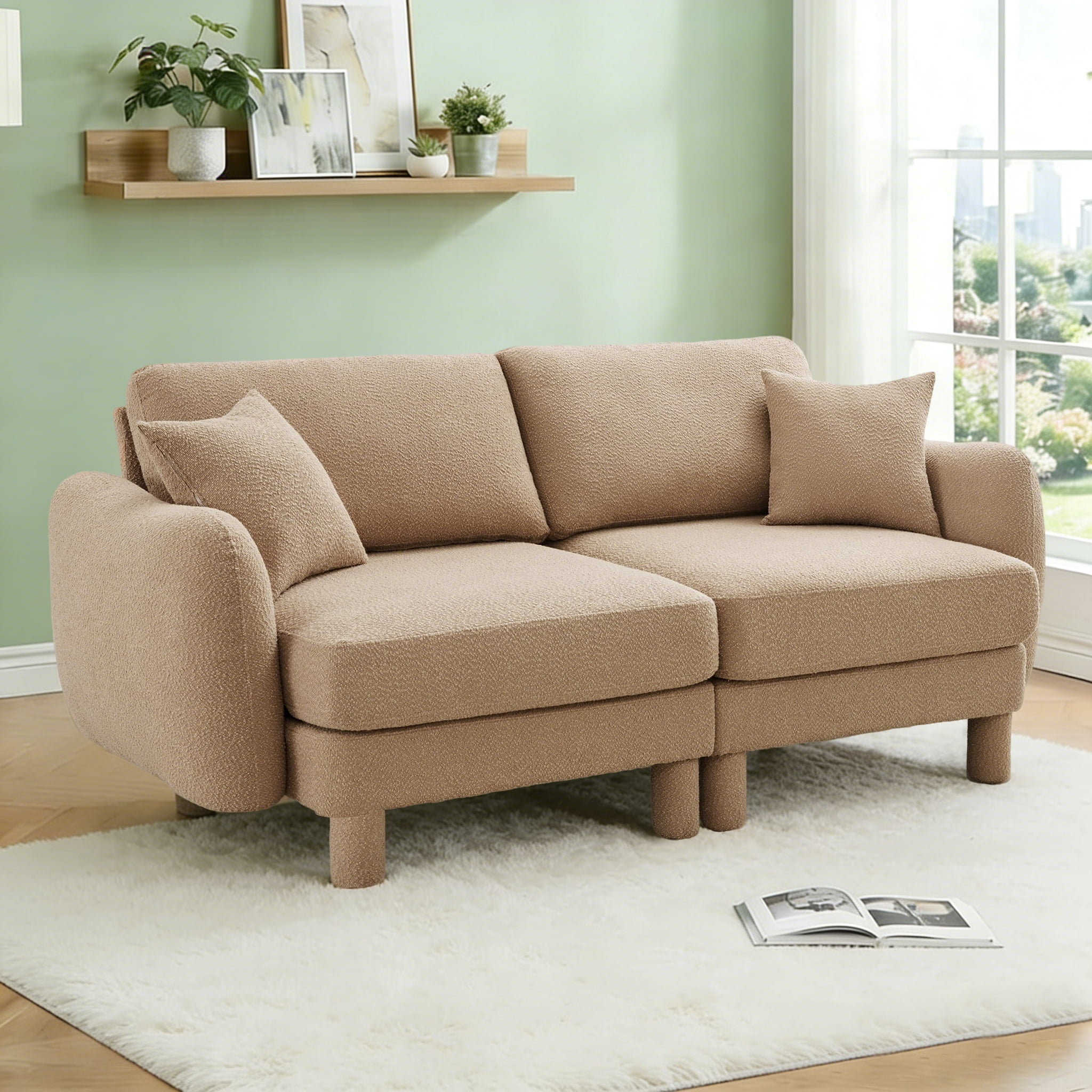 Gewnee Coffee 2-Seater Boucle Loveseat with Shell Armrests & Fabric-Wrapped Cylindrical Legs - Ideal for Bedroom Reading Nook, Home Office Lounge