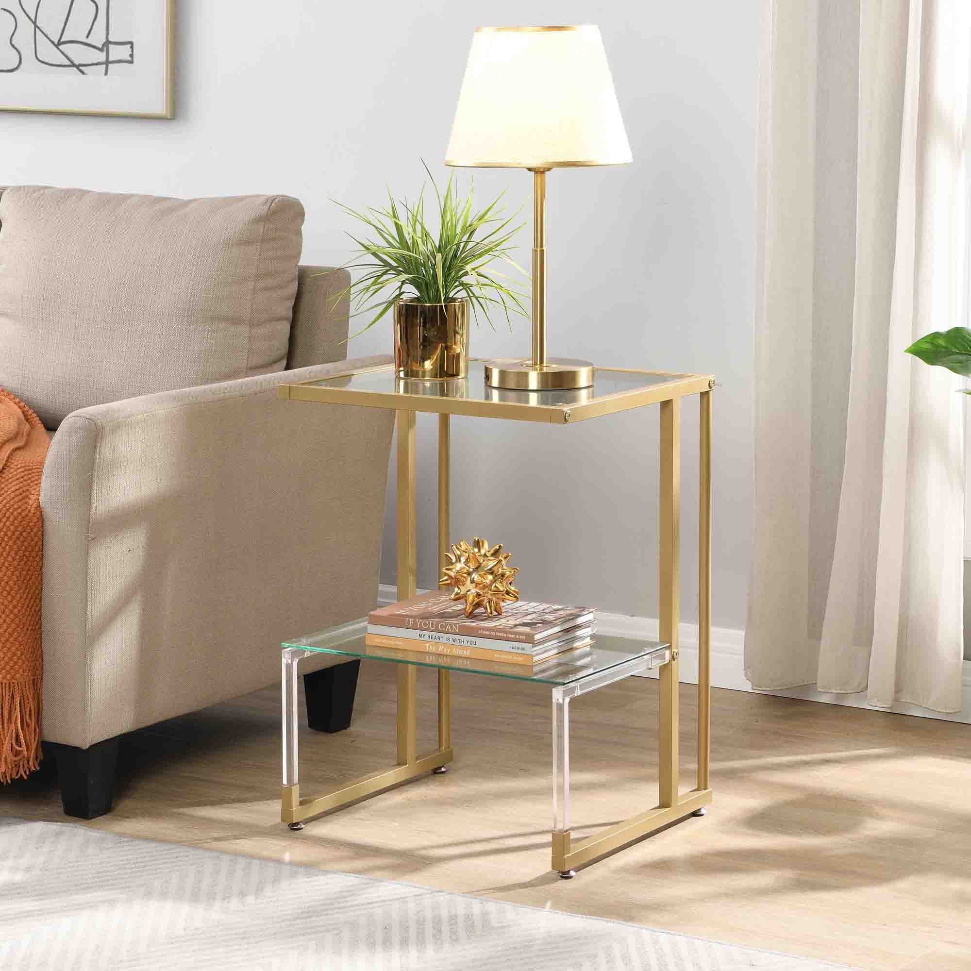 Gewnee 2-Tier Acrylic Glass End Table,Modern Side Table with Tempered Glass Shelves,Gold