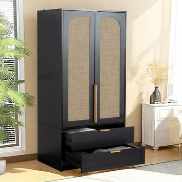Gewnee Elegant Retro Armoir Rattan Bedroom Armoires with 2 Drawers, classic and simple closet Wooden Wardrobe Cabinet Hanging Rod for Clothes